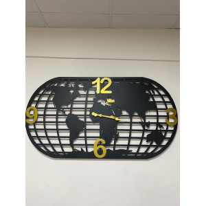 Metal Dünya Temalı Büyük Duvar Saati 130x70cm