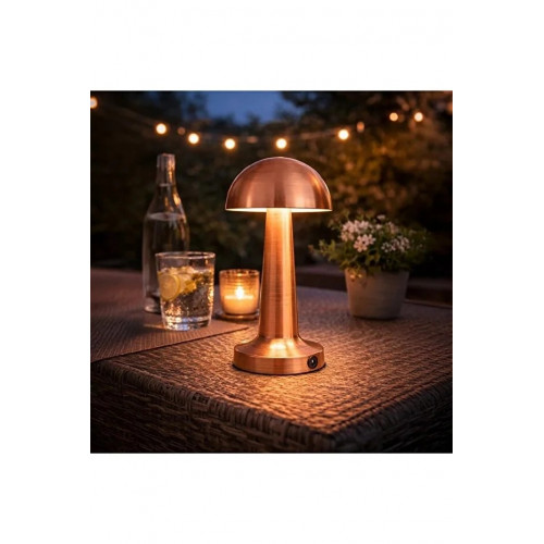 Masa Üstü Lamba - Ledli Masa Lambası - Şarjlı Mantar Gece Lambası Led Abajur - Bronz Renk - 25cm