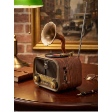 Nostaljik Gramofon Tasarımlı Ahşap Bluetooth Hoparlör - Şarjlı 3 Bant FM Radyo (USB/AUX/TF Kart Destekli Retro Dekoratif Ses Sistemi) Hediyelik