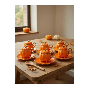 6’lı Pumpkin Balkabağı Desenli Fincan Takımı - Kapaklı ve Ayaklı Model