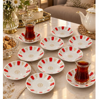 Porselen Kırmızı Beyaz Kahveci Otantik Çay Tabağı 12'li Geniş Taban Porselen Kırmızı Beyaz Kahveci Otantik Çay Tabağı 12'li Geniş Taban