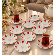  Porselen Kırmızı Beyaz Kahveci Otantik Çay Tabağı 12'li Geniş Taban