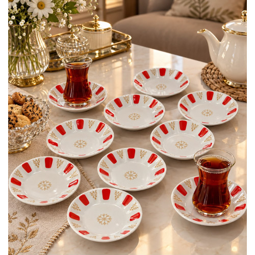 Porselen Kırmızı Beyaz Kahveci Otantik Çay Tabağı 12'li Geniş Taban Porselen Kırmızı Beyaz Kahveci Otantik Çay Tabağı 12'li Geniş Taban