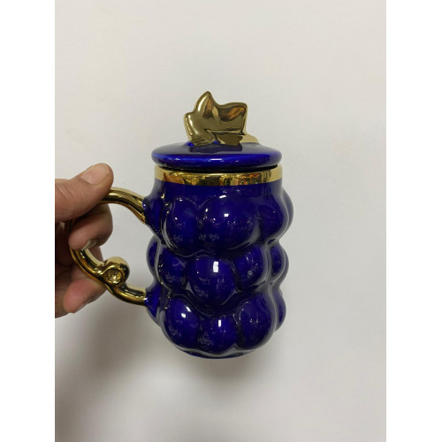 Lvn Porselen Üzüm Desenli Kapaklı Kupa Lacivert