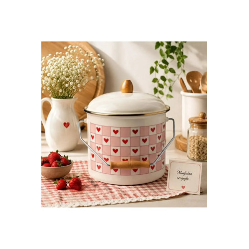 Emaye Bakraç Kapaklı 20 cm | Kalp Desenli Vintage Emaye Kova | Yoğurt, Turşu, Bakliyat Saklama 5 lt
